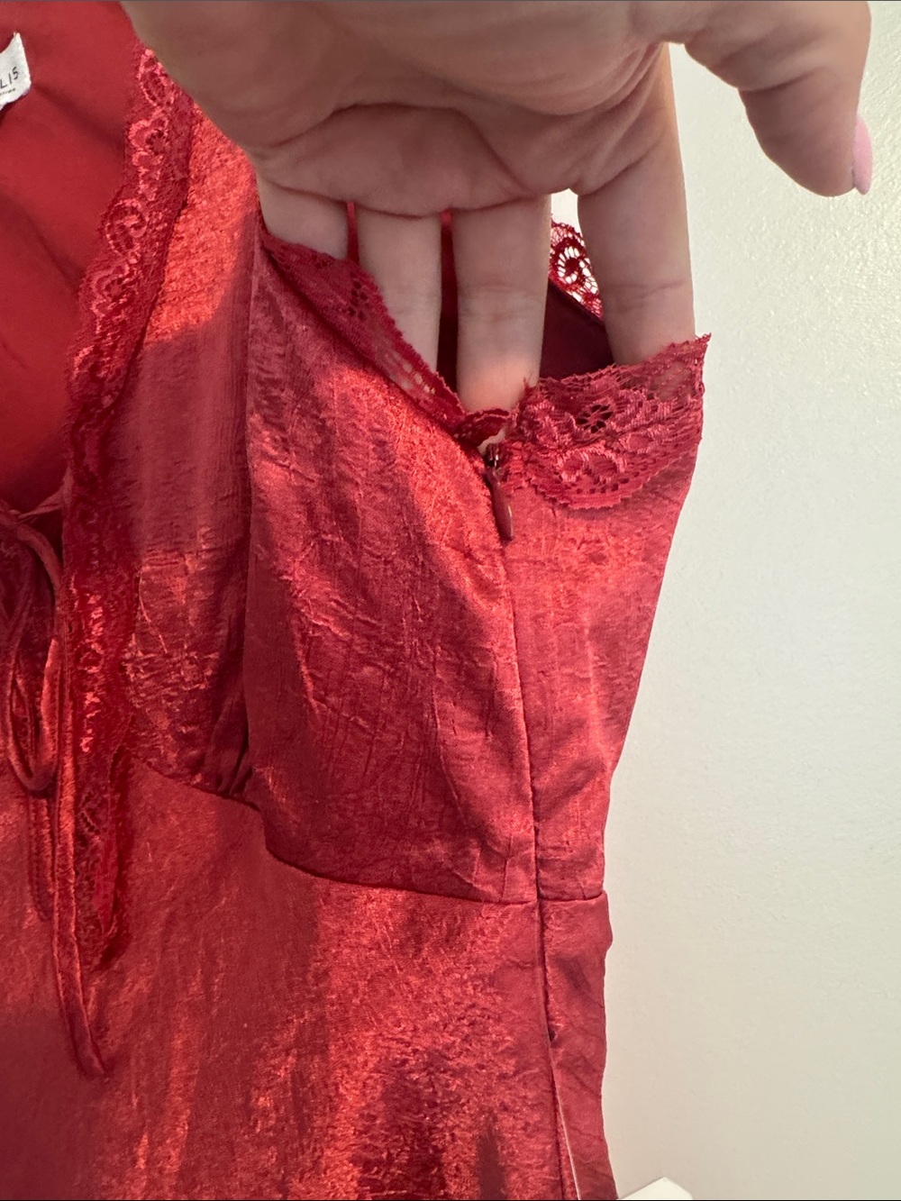 Altar’d State Le Lis Sarin Lace-Trim Chemise Mini Dress in Berry - Picture 6 of 7